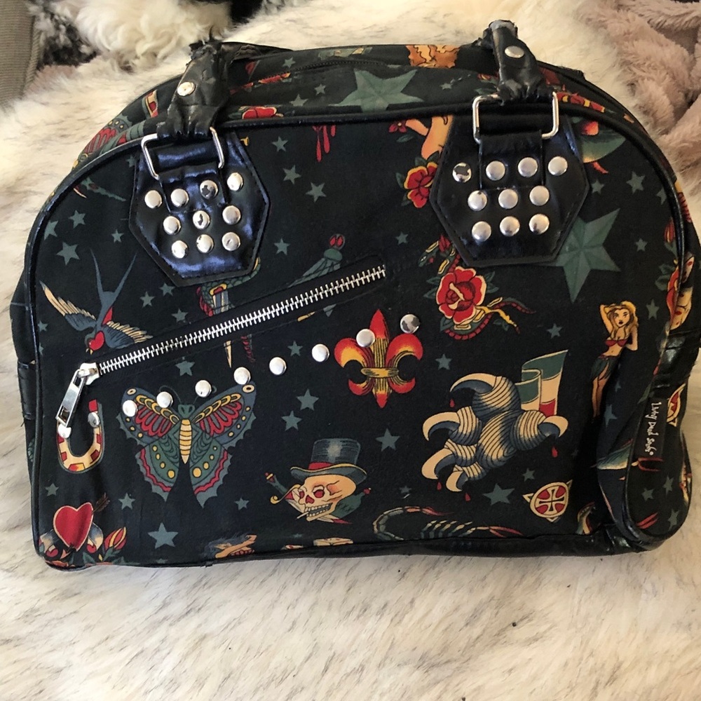 Black Printed Dome Satchel with Studded Handles